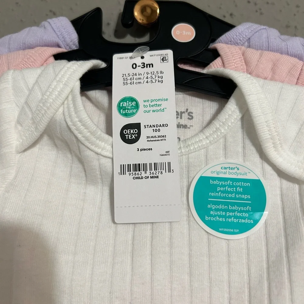 Carter's Ribbed Cotton Bodysuit Set - White, Pink, Lavender. Set of 3. NWT.